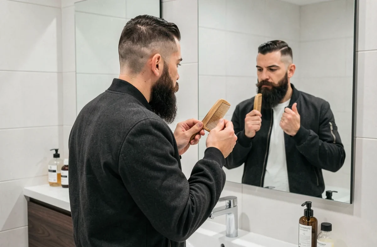 Homme dans une salle de bain moderne avec une coupe taper skin et une barbe pleine structurée, se coiffant la barbe devant un miroir avec reflet visible