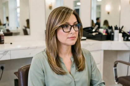 Femme aux lunettes rectangulaires avec une coupe longue et frange latérale pour affiner un visage rond, dans un salon de coiffure moderne