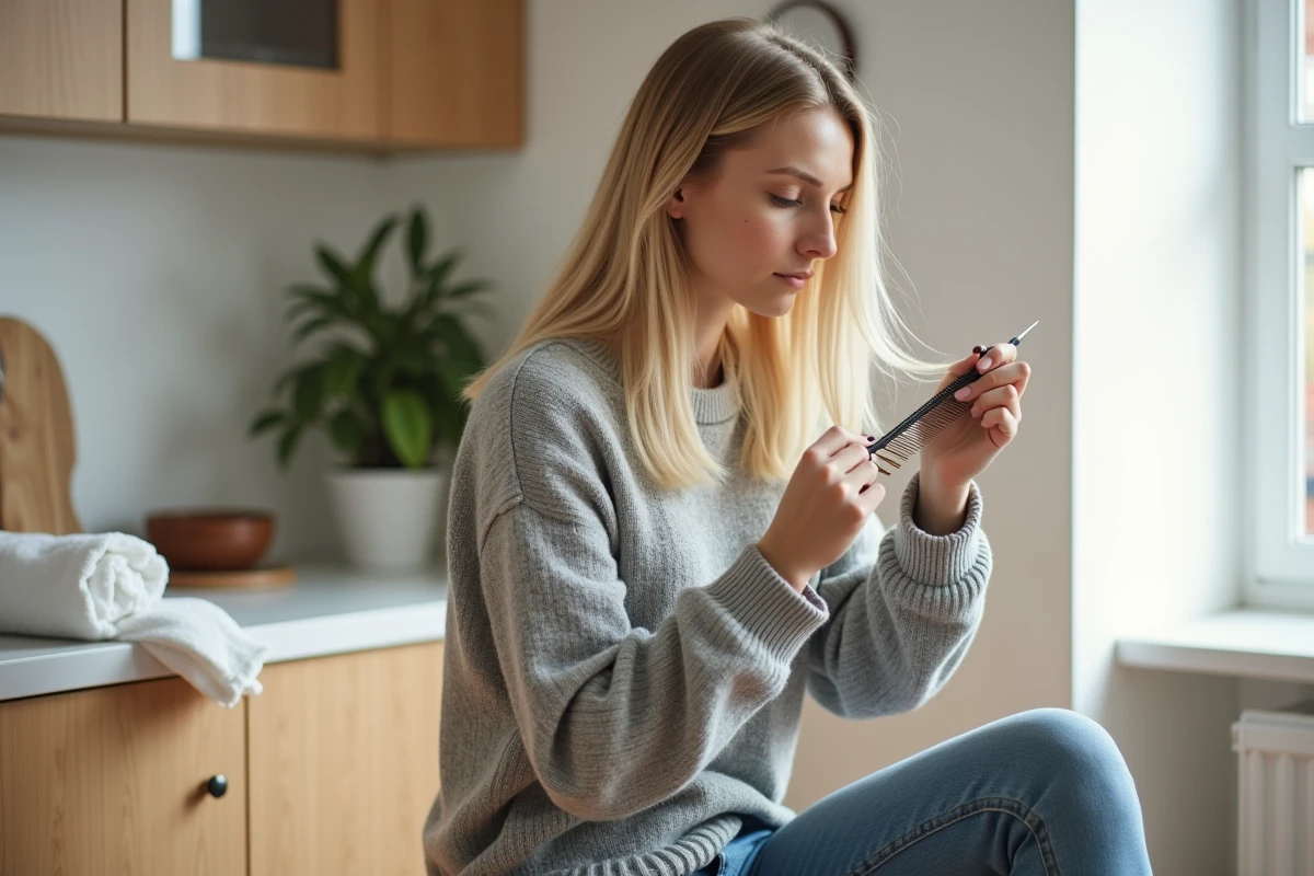 Femme blonde aux cheveux fins se sectionnant les pointes avec un peigne avant de les couper seule chez elle
