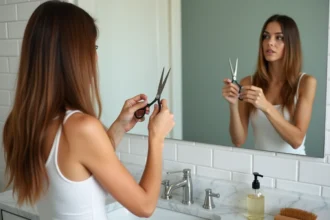 Femme se coupant les pointes seule devant un miroir de salle de bain avec des ciseaux de coiffure professionnels