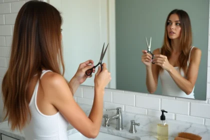 Femme se coupant les pointes seule devant un miroir de salle de bain avec des ciseaux de coiffure professionnels