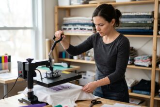 Femme appliquant un design en vinyle thermocollant sur un t-shirt blanc avec une presse à chaud dans un atelier de personnalisation textile