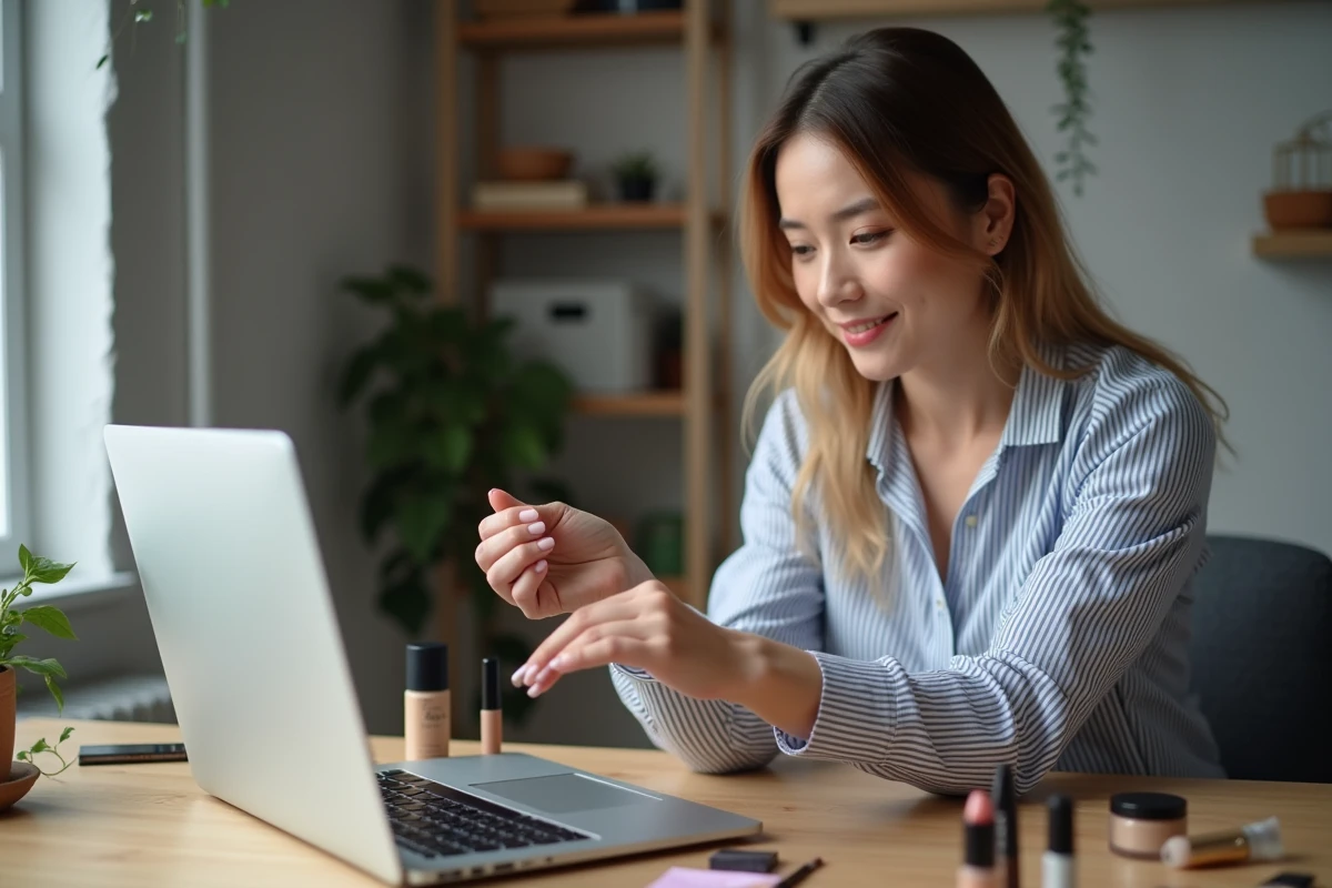 Femme déballant des commandes de maquillage à prix réduit reçues depuis des sites comme Amazon ou Beauté Privée