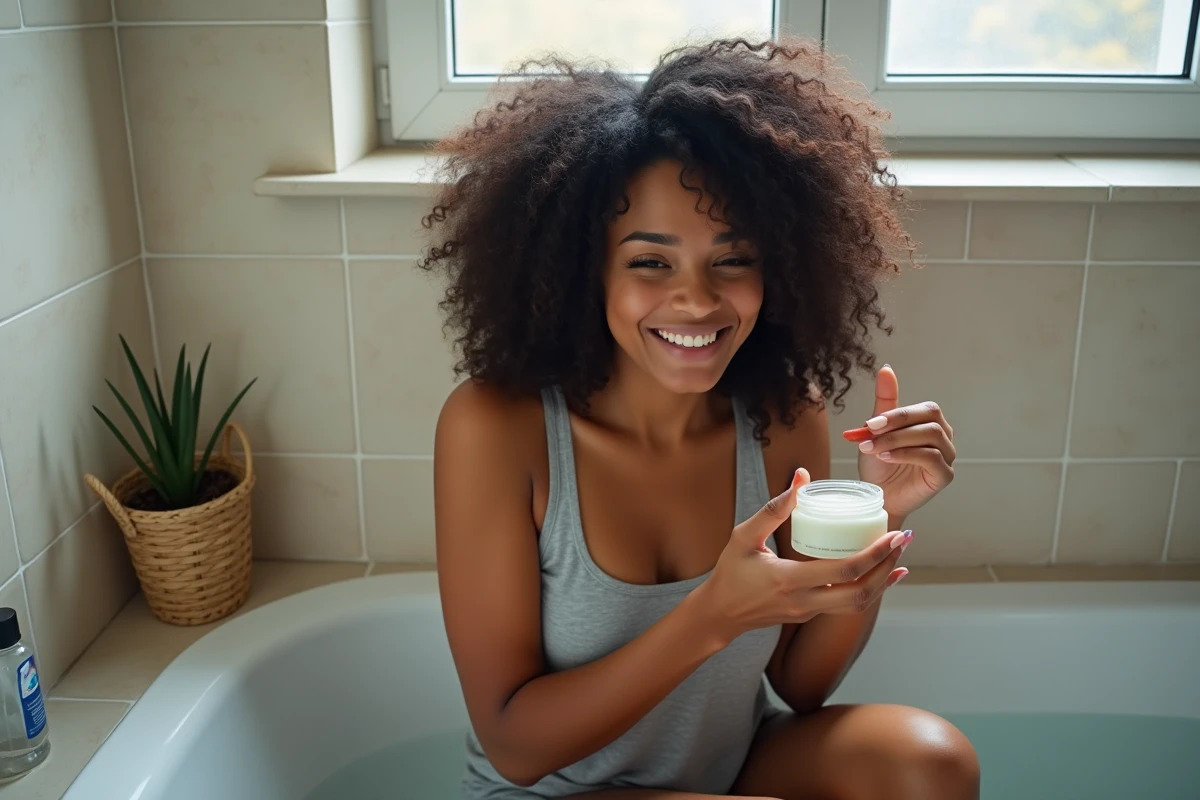 Femme métisse aux boucles volumineuses définissant ses cheveux avec du gel d'aloe vera dans une salle de bain réaliste