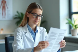 Dermatologue femme en blouse blanche analysant une fiche d'ingrédients d'un produit cosmétique Rovea Skin dans son cabinet médical