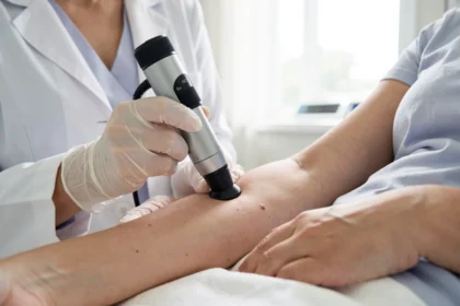 Dermatologue examinant la peau d'un patient au dermatoscope