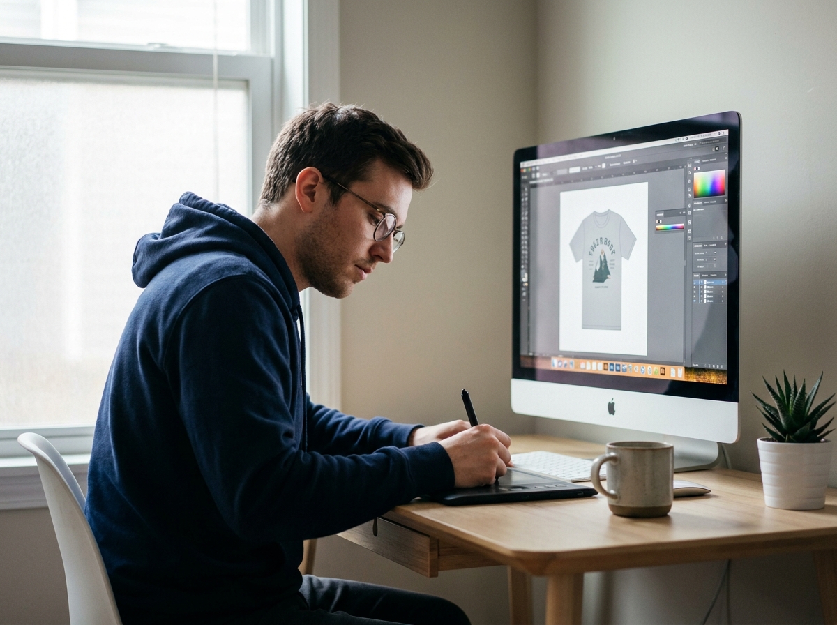 Designer graphique créant un visuel personnalisé pour un t-shirt sur logiciel de design avec tablette graphique dans un bureau moderne