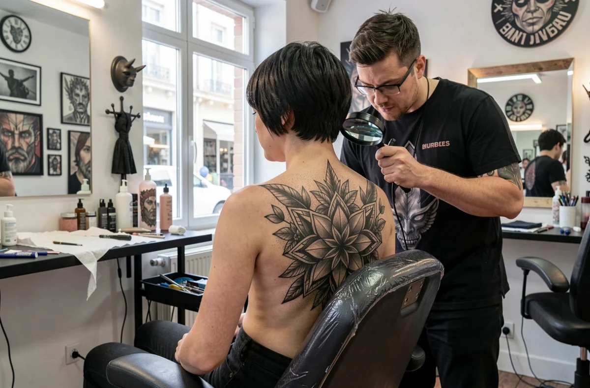 Femme montrant son dos complet tatoué avec un motif botanique et géométrique dans un salon de tatouage à Toulouse
