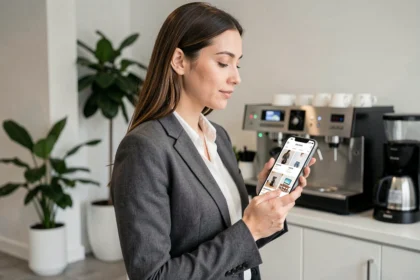 Employée L'Oréal consultant le nouveau site de vente au personnel sur son smartphone dans un bureau moderne