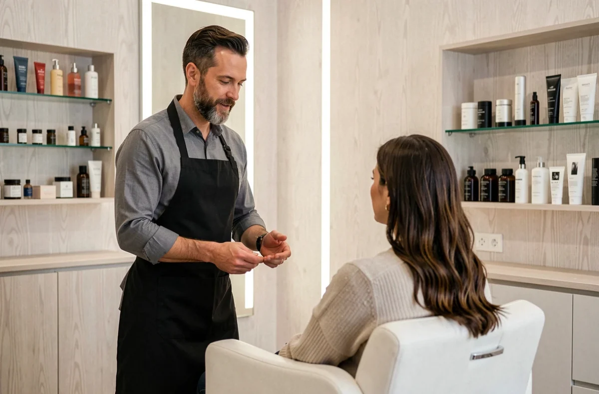 Coiffeur en consultation avec une cliente au salon Eric Stipa à Domont