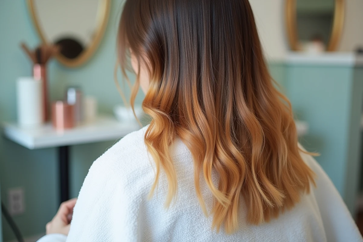Résultat inégal de patine sur cheveux avec zones cuivrées visibles, erreur fréquente en salon de coiffure