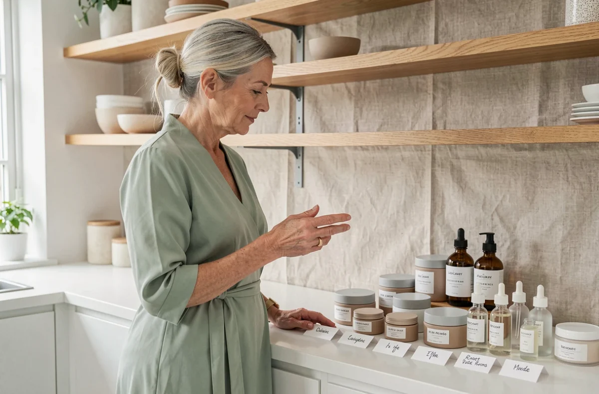 Experte beauté analysant la composition du sérum Wrinkle Power avec des flacons d'ingrédients sur un comptoir de cuisine scandinave