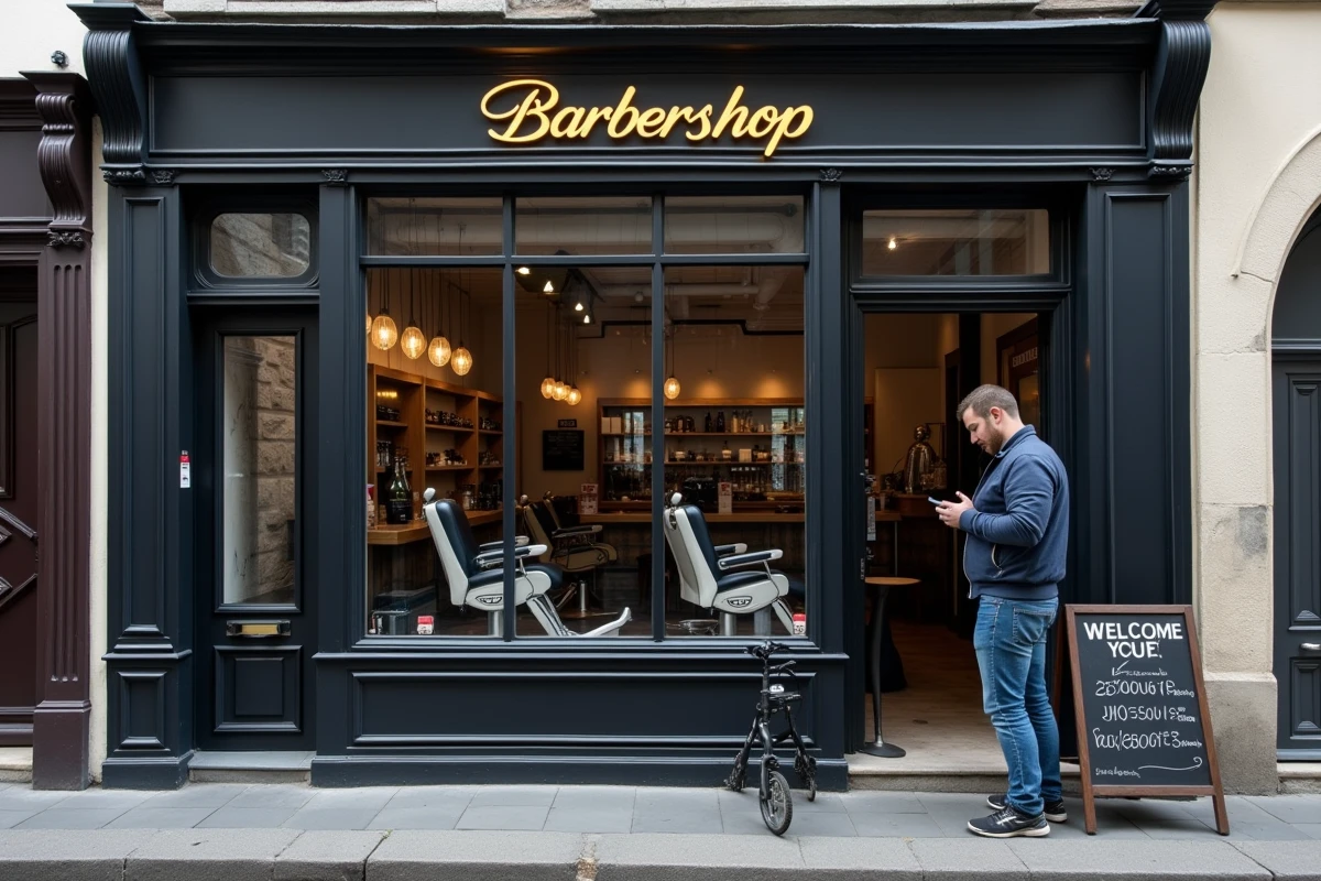 Façade extérieure d'un barber shop tendance à Lille avec horaires d'ouverture affichés et client consultant son téléphone devant l'entrée