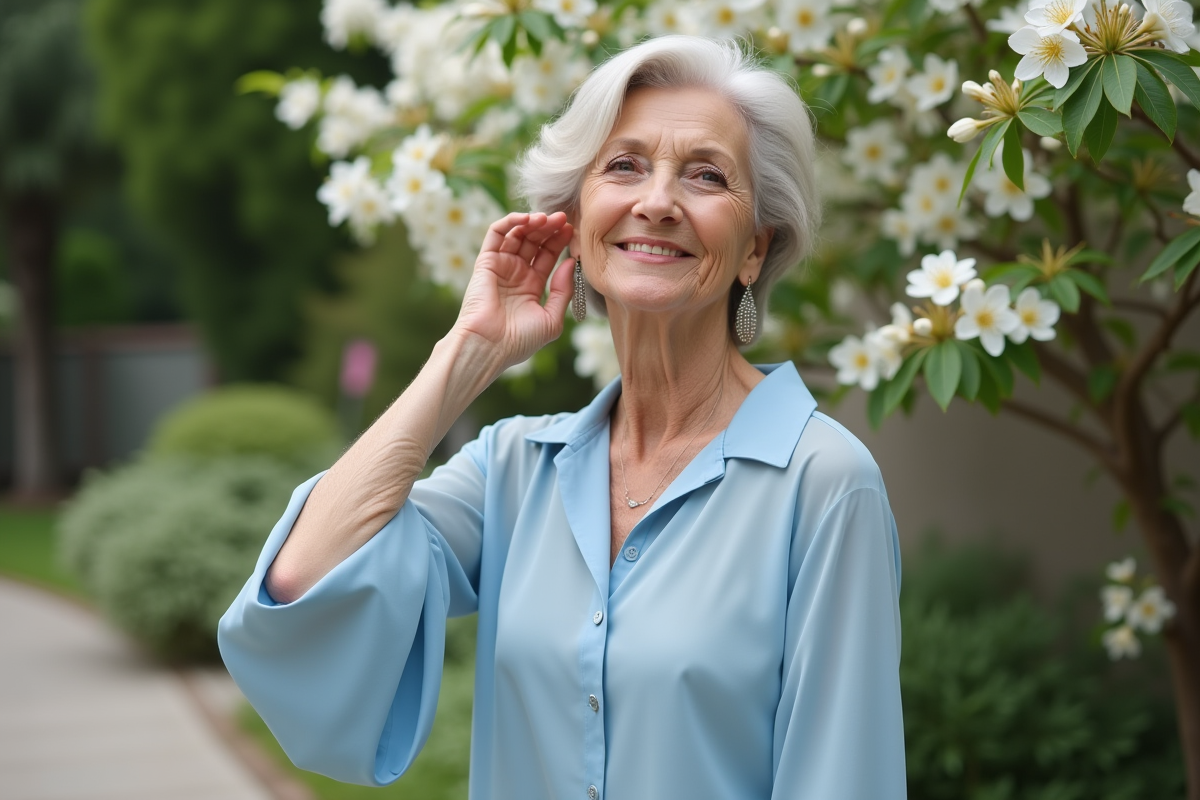 Femme de 60 ans dans un jardin avec fleurs et verdure