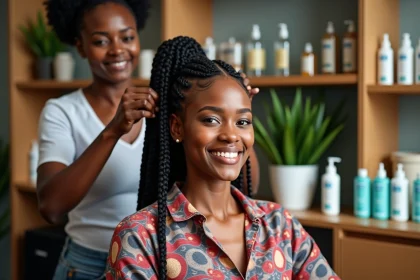 Jeune femme noire souriante dans un salon moderne en coiffure africaine