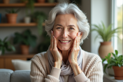 Femme élégante de septante ans appliquant crème visage