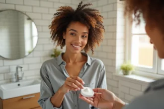 Femme appliquant du gel en poudre pour cheveux dans une salle de bain moderne, produit coiffant naturel et texturant
