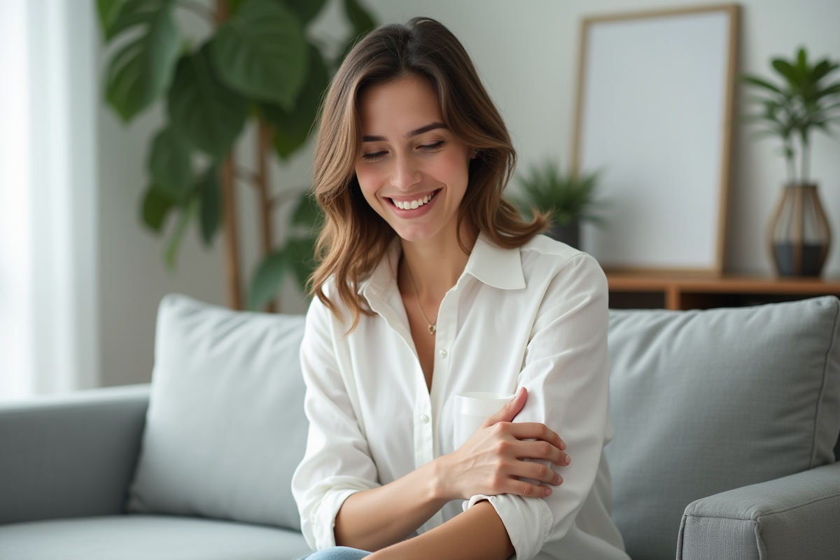 Femme souriante appliquant une creme sur une cicatrice