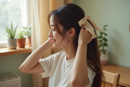 Jeune femme attachant un kardoune dans ses cheveux bruns