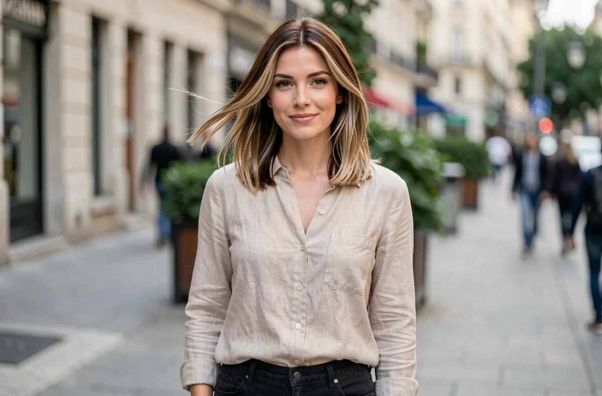 Femme aux cheveux châtains avec balayage blond réussi sans reflets orangés, en extérieur en ville