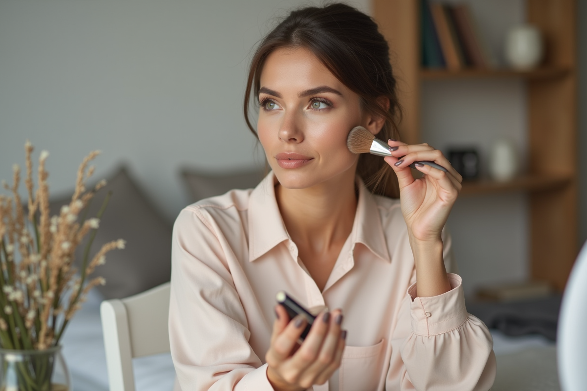 Femme appliquant fond de teint naturel dans sa chambre