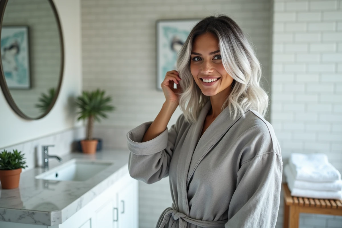 Femme à la maison explorant sa nouvelle couleur blended grey dans un miroir de salle de bain épurée
