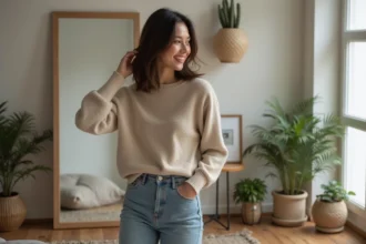 Femme en bob coiffé en intérieur cosy et minimaliste