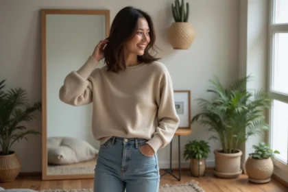 Femme en bob coiffé en intérieur cosy et minimaliste