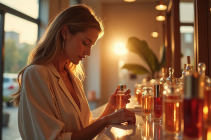 Femme élégante dans une boutique testant un parfum