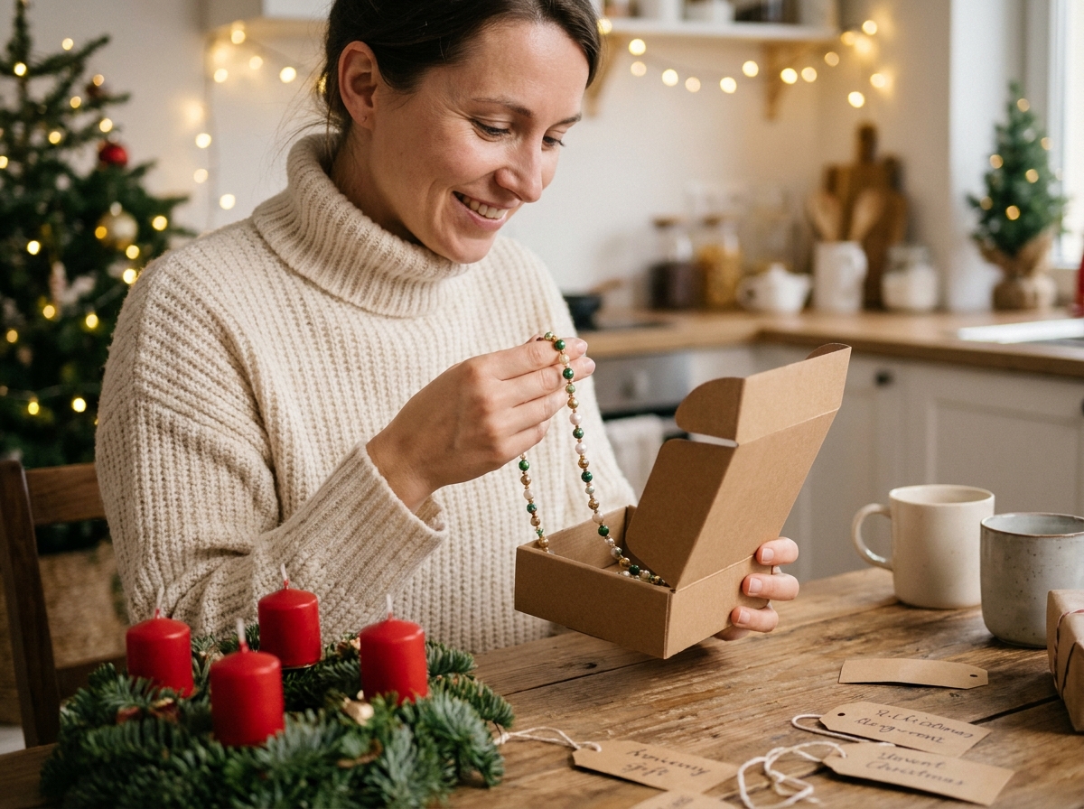 Femme découvrant un accessoire lunettes en cadeau de Noël, chaîne perlée festive dans un intérieur décoré