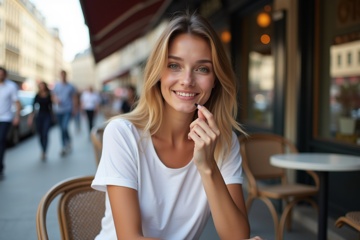 Jeune femme au café parisien retouchant son rouge à lèvres