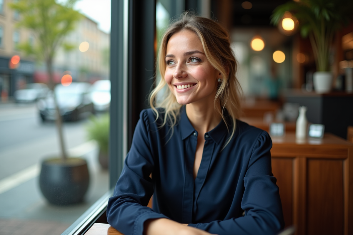 Jeune femme souriante dans un café urbain avec yeux verts