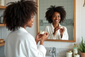 Femme aux cheveux bouclés naturels qui applique un produit du quotidien sur ses boucles devant un miroir de salle de bain
