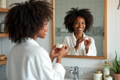 Femme aux cheveux bouclés naturels qui applique un produit du quotidien sur ses boucles devant un miroir de salle de bain
