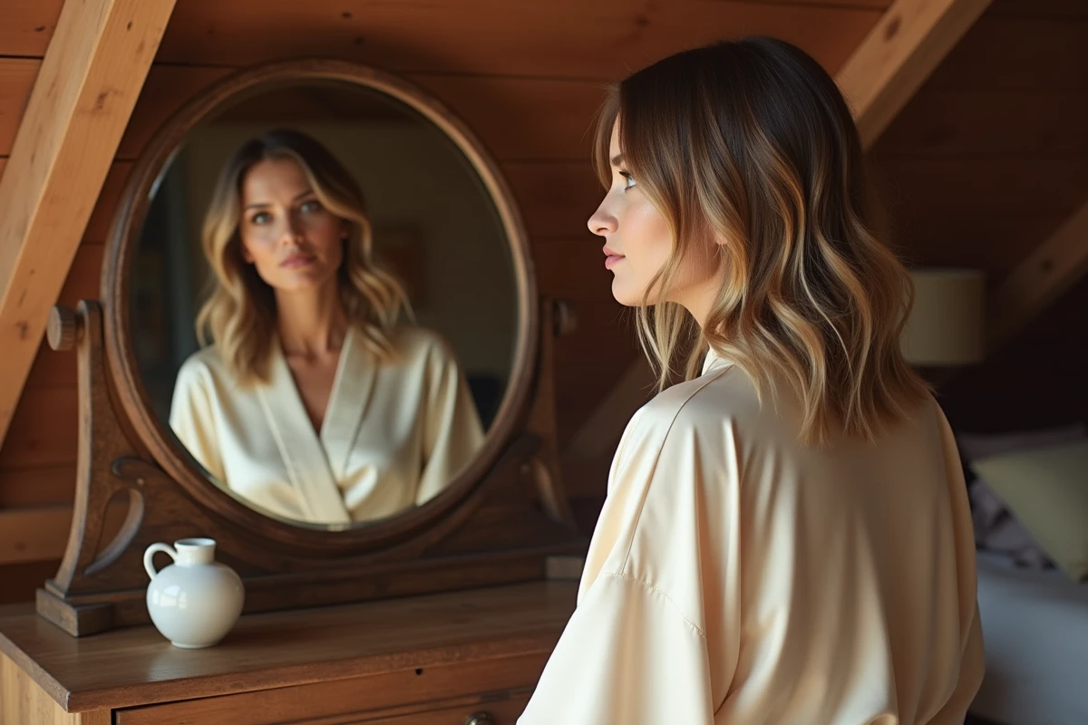 Femme assise devant une coiffeuse rustique admirant ses cheveux mi-longs dégradés avec un effet wavy naturel