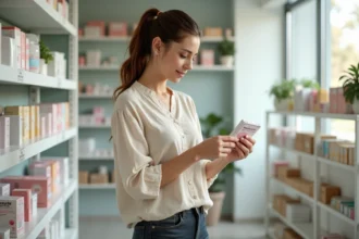 Femme lisant l'étiquette d'un produit d'hygiène féminine en pharmacie