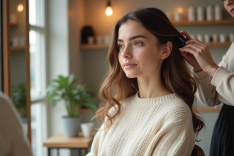 Jeune femme dans un salon de coiffure moderne et lumineux