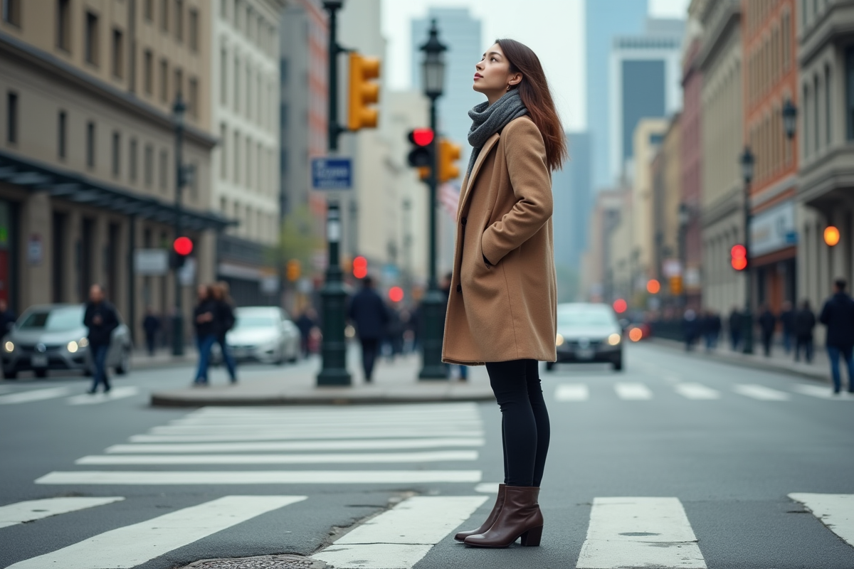 Jeune femme dans la rue au passage piéton urbain