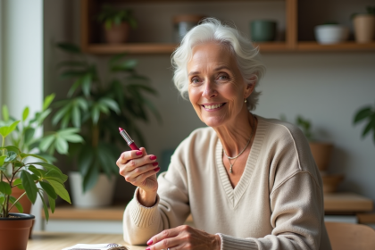 Femme élégante de 60 ans appliquant un rouge à lèvres rose