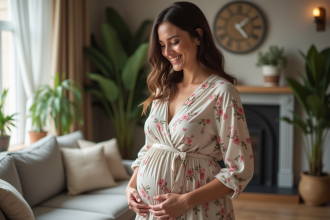 Femme enceinte souriante en robe fluide dans un intérieur cosy