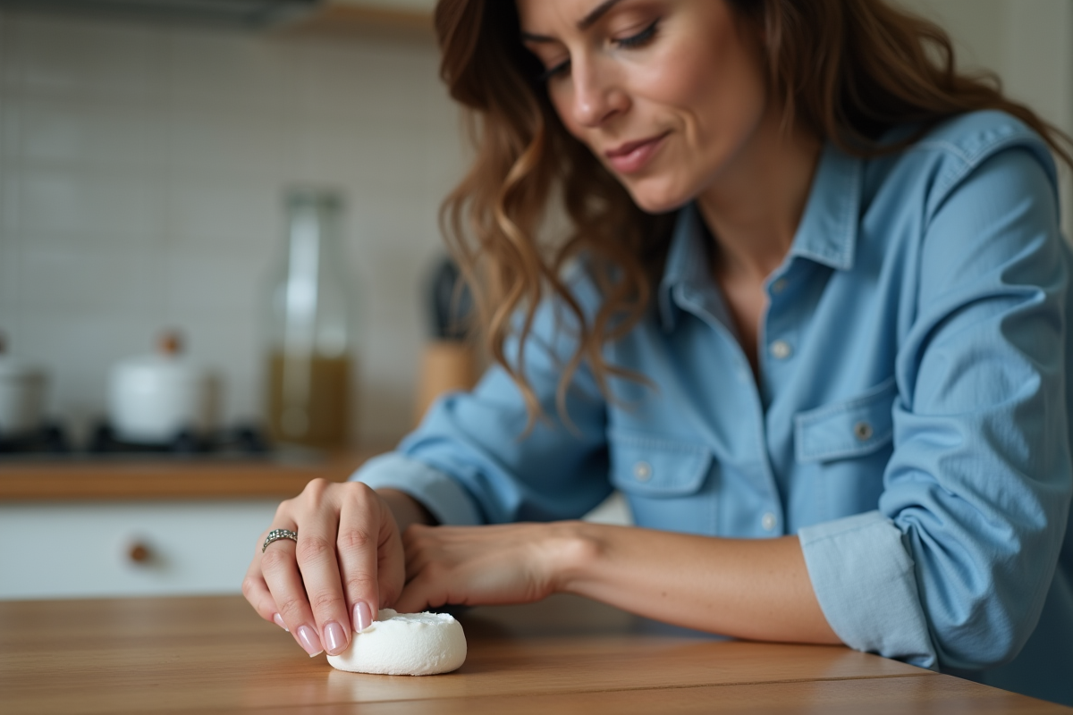 Femme en blouse bleue tente de glisser un anneau avec du savon