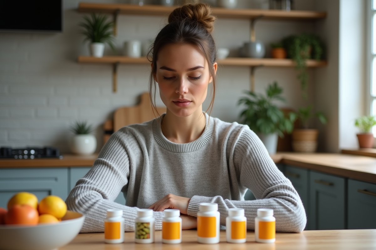 Femme en activewear étudie des pilules minceur à la maison