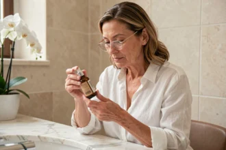Femme de 50 ans examinant une bouteille de sérum anti-rides Wrinkle Power dans une salle de bain moderne en marbre blanc