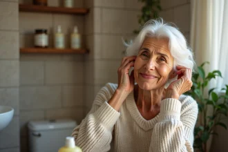 Femme de 60 ans appliquant de la henna sur ses cheveux blancs