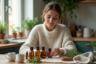 Femme arrangeant huiles essentielles dans la cuisine chaleureuse