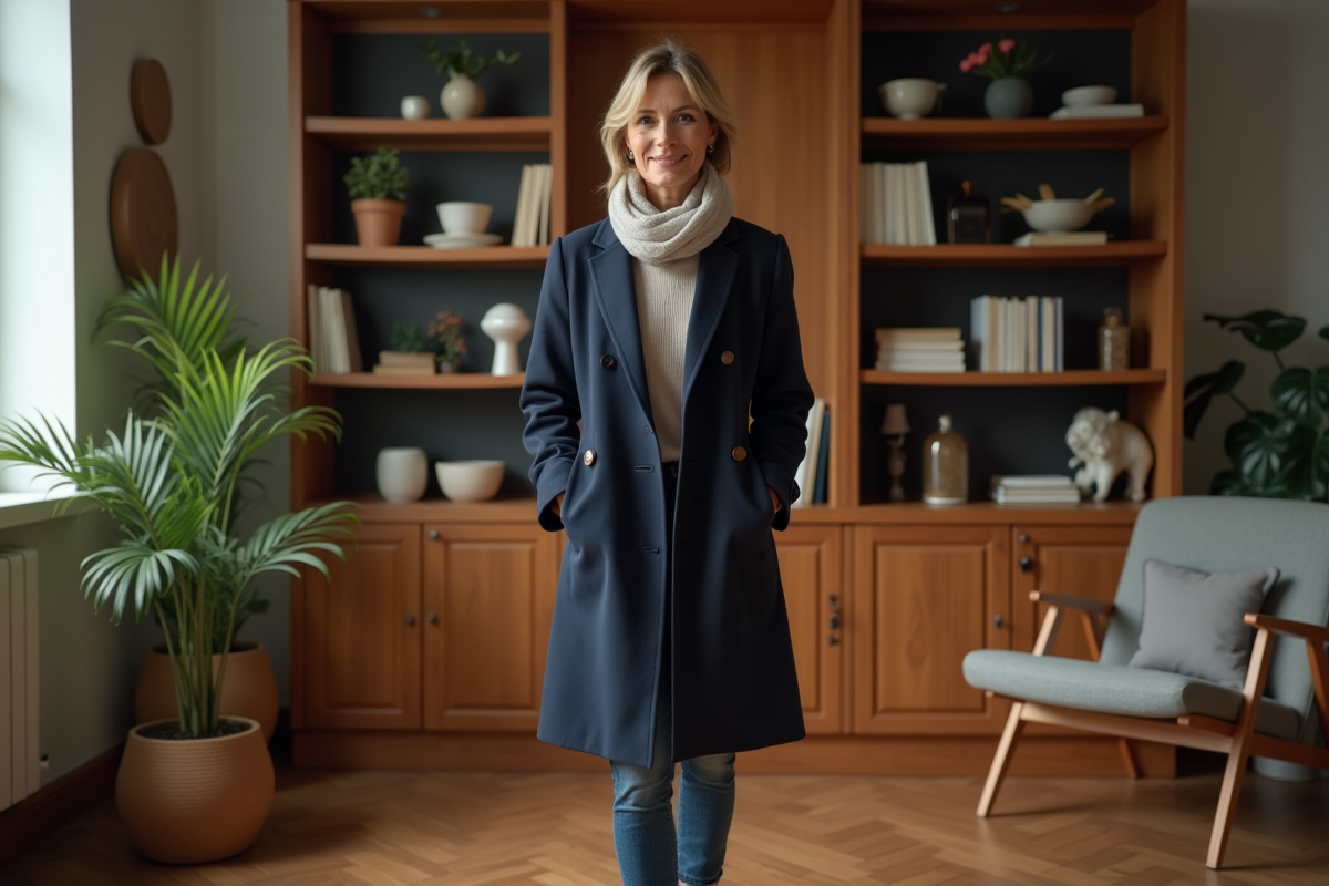 Femme sophistiquée dans un salon moderne et chaleureux