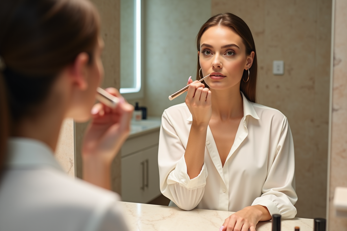 Femme appliquant fond de teint dans une salle de bain moderne