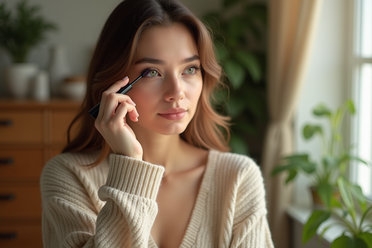 Femme appliquant mascara vert dans un miroir lumineux