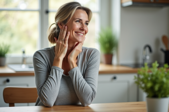 Femme souriante se massant la mâchoire dans la cuisine