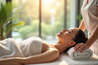 Femme recevant un massage relaxant dans un spa lumineux